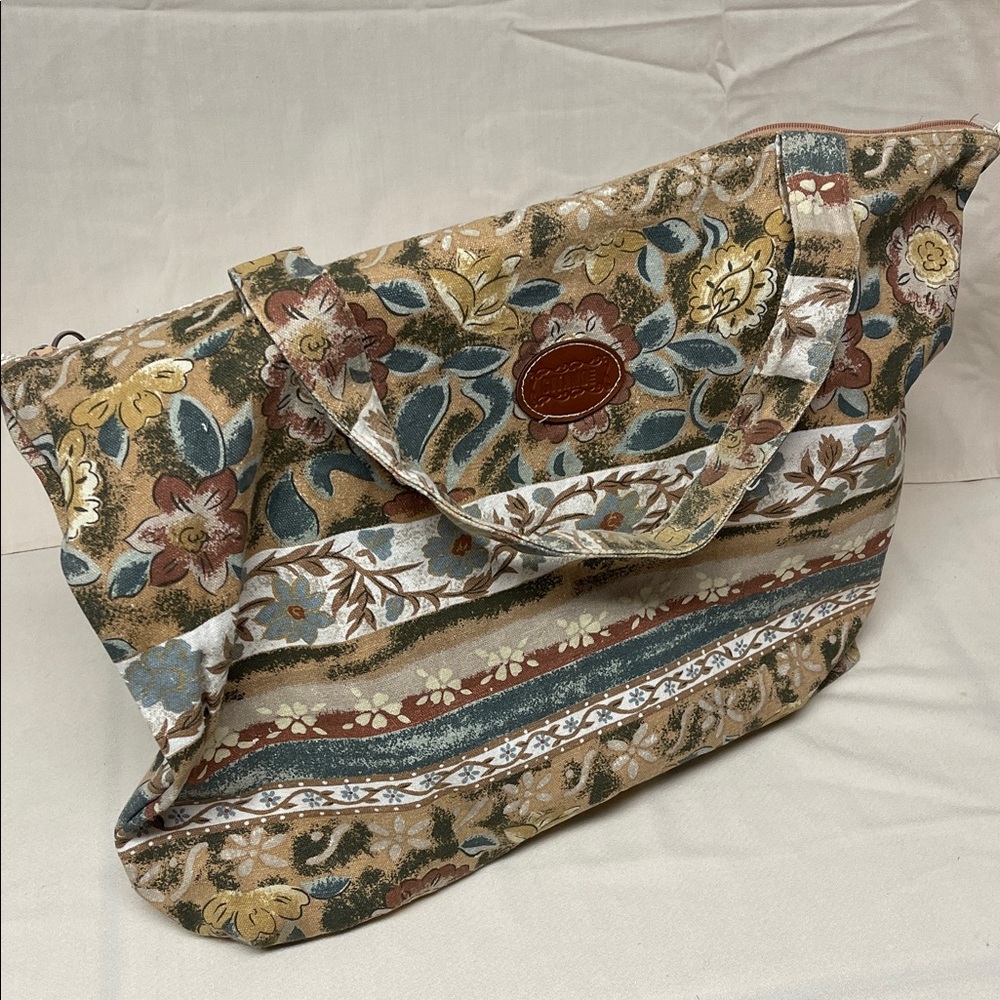 Vintage Gitano Floral Pattern Tote Bag - Brown, Blue, Cream